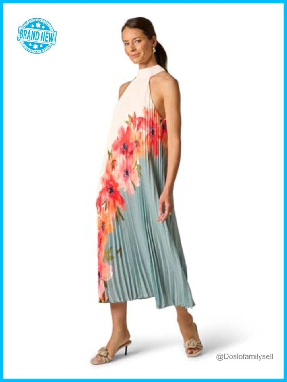 Women's Floral Pleated Chiffon Trapeze Midi Dress Halter Neck